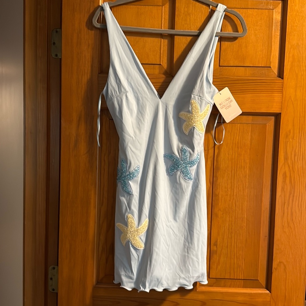 White Starfish Appliqué V-Neck Slip Dress